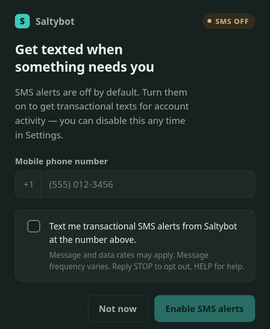 Saltybot Application SMS Opt-In Interface Form